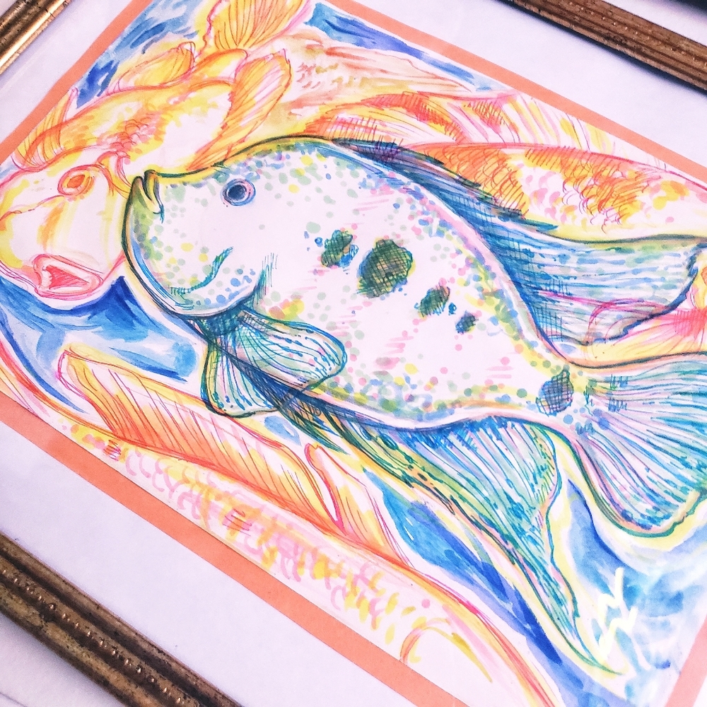 Fish original life drawing framed artwork painting